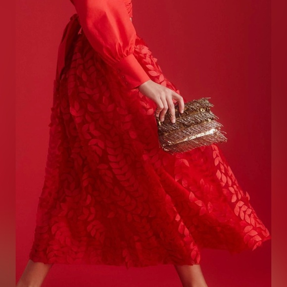 Anthropologie | Sunday in Brooklyn | Midi Skirt | Red | NWT | 3D Petal w Lining - Picture 2 of 16